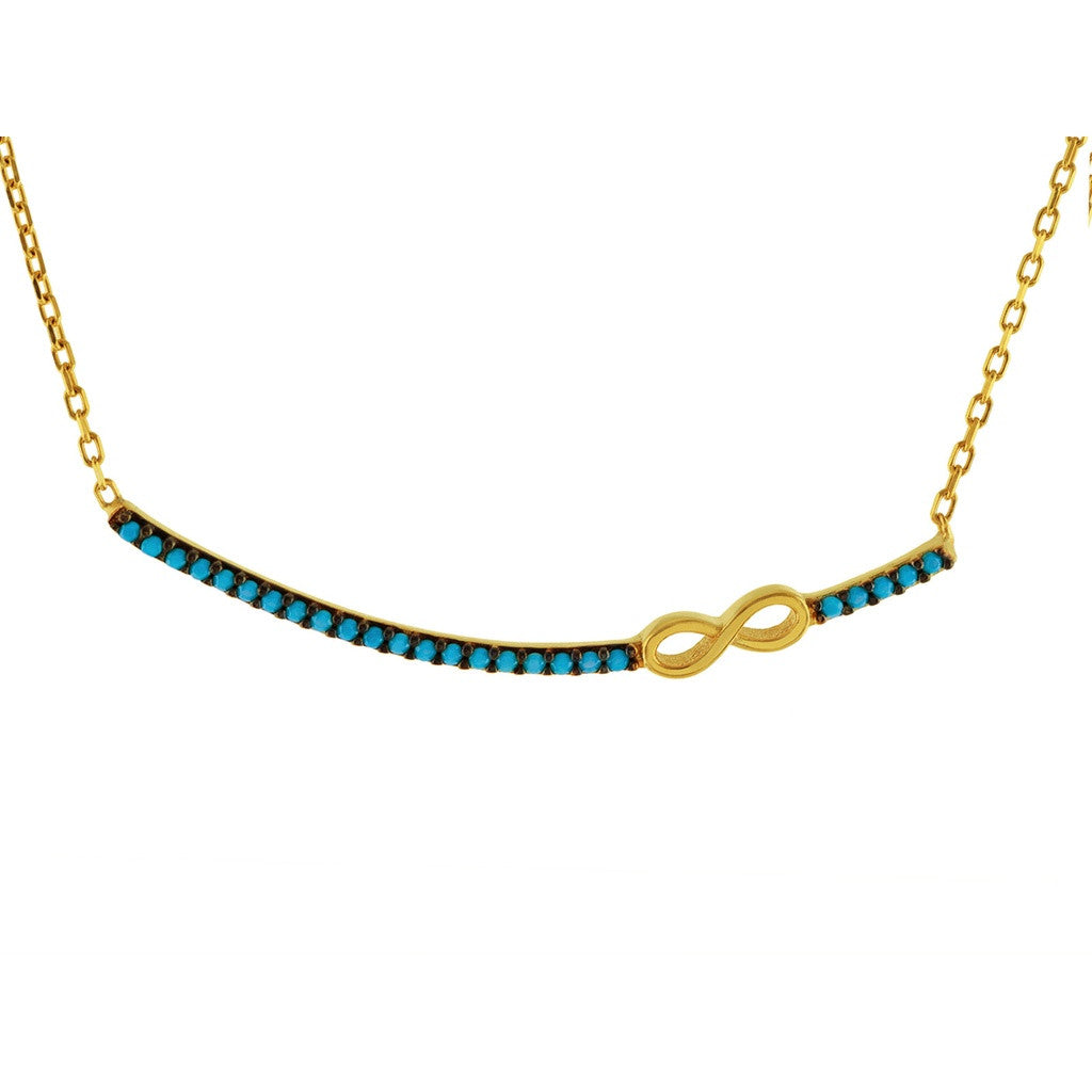 18k Silver  Gold Plated Bar Necklace W/Infinity ,Nano Turquoise  Cz