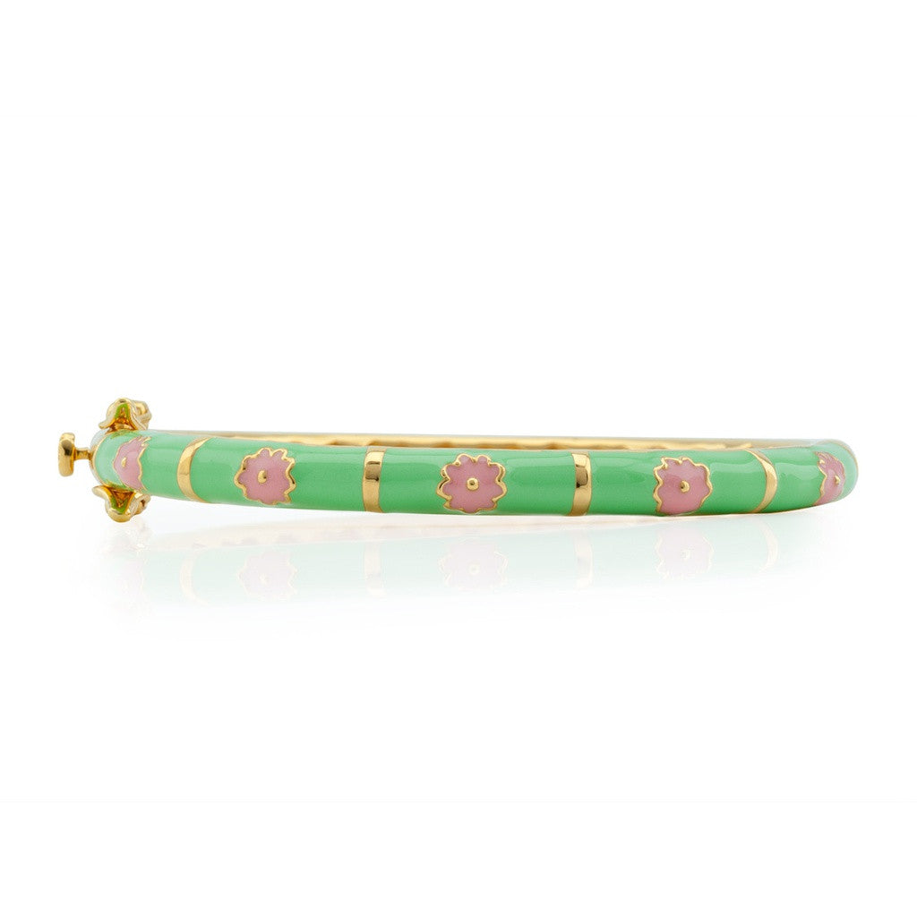 BecKids Green Enamel Bangle: 18kt Gold Plated Pink Flowers Bracelet for Girls